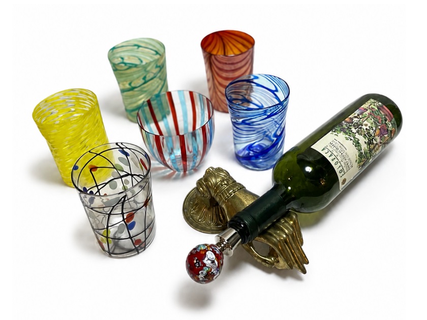 Handcrafted Venetian glass tumblers and bottle stopper