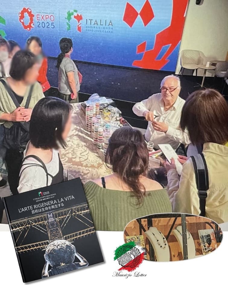 Maurizio Lotter demonstrating Venetian glass accessory making, featured in the Official Italy Pavilion Catalog of Expo 2025 Osaka, Kansai, Japan